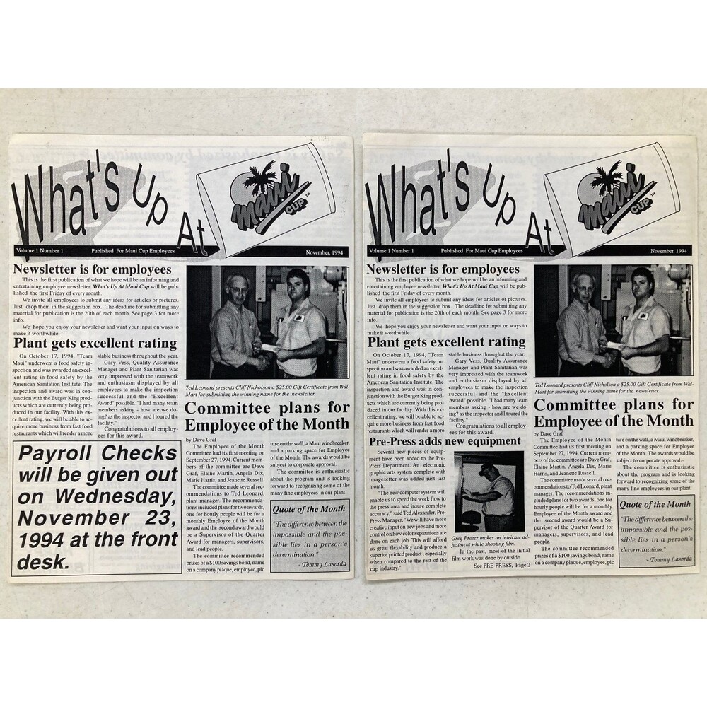 1994 What's Up At Maui Cup Newsletter V1N1 Employee Ephemera Collectible